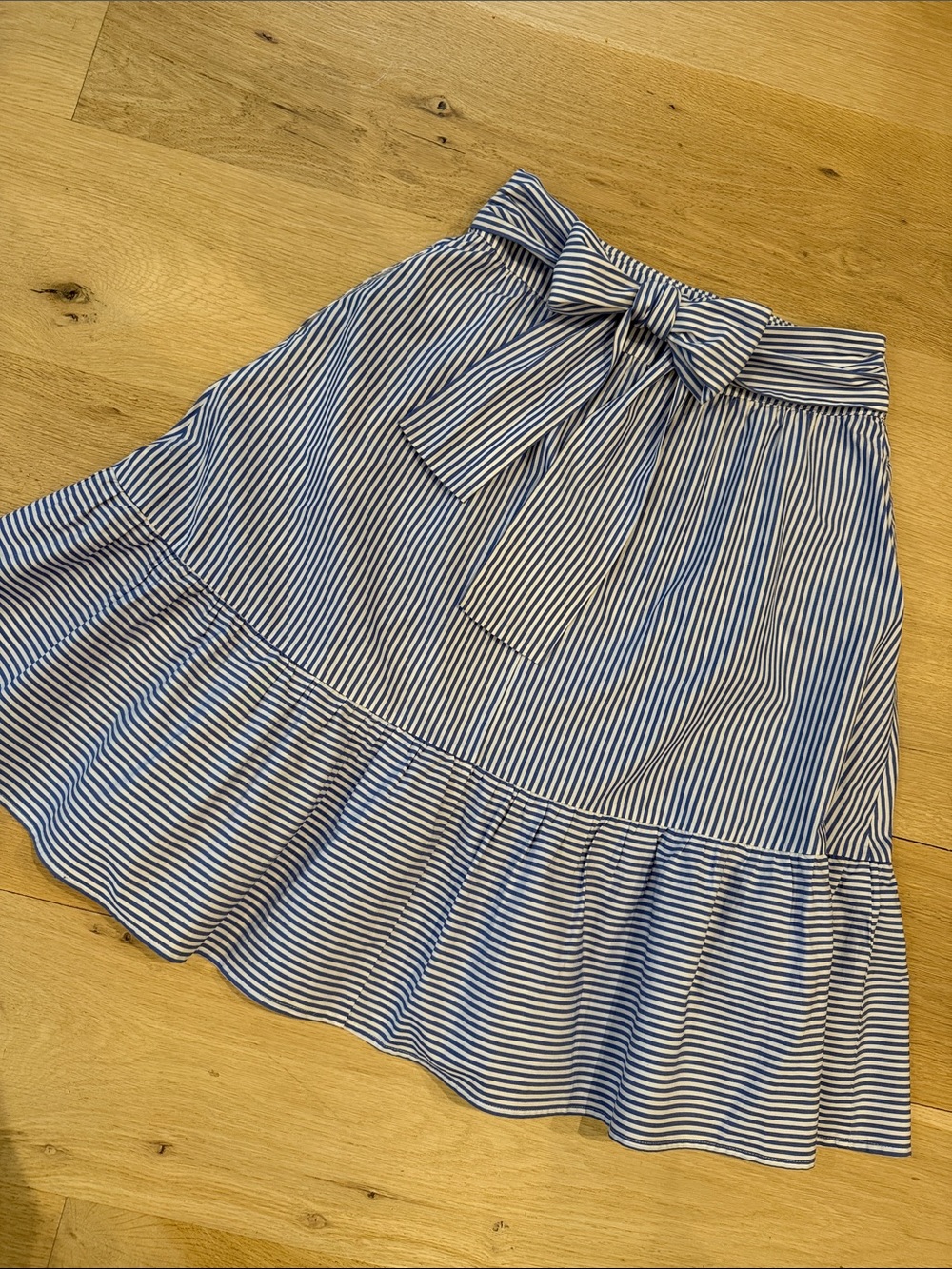 J Crew Striped Blue Bow-Waist Ruffle A-Line Skirt